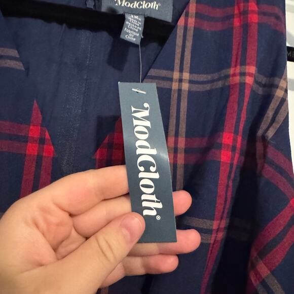 NWT ModCloth Instant Energy Faux-Wrap Dress - Navy Plaid / 1X - Picture 5 of 10